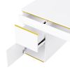 60''Modern Executive Desk,White Curved Computer Desk with Gold Metal Legs,3-Drawers Home Office Desk,Writing Desk with 1 Storage Cabinet for Home Offi