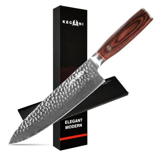 Kegani 8 Inch Damascus Chef Knife 67 Layers 10Cr15CoMoV Japanese Knife Hammered Texture Damascus Knife - FullTang Wood Handle Chefs Knife With Gift Bo