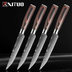 XITUO Damascus steel steak knife g10 handle knife set home dinner (Color: grey)