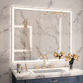 LED Lighted Bathroom Wall Mounted Mirror with High Lumen Anti-Fog Separately Control Dimmer Function Large Size (Color: Glod, size: 48x40 inches)