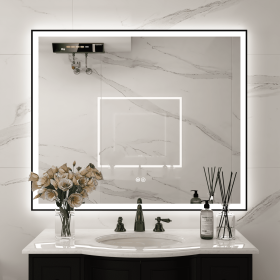 LED Lighted Bathroom Wall Mounted Mirror with High Lumen Anti-Fog Separately Control Dimmer Function Large Size (Color: Black, size: 48x40 inches)
