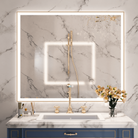 LED Lighted Bathroom Wall Mounted Mirror with High Lumen Anti-Fog Separately Control Dimmer Function Large Size (Color: Glod, size: 60x40 inches)